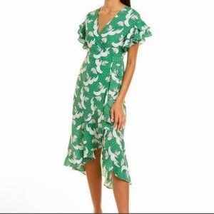 Max Studio Green Floral Wrap Dress Hi Low Hem Ruffle Cap Sleeve XL